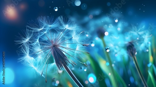 Dandelion Seeds in droplets of water on blue and turquoise beautiful background with soft focus in nature macro. Drops of dew sparkle on dandelion in rays of light, generative AI