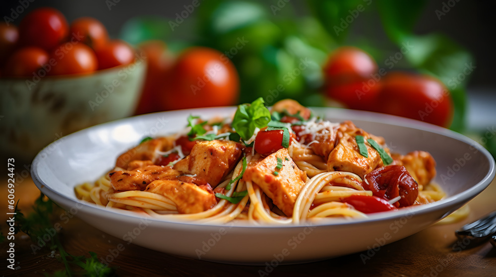 spaghetti with tomato sauce and chicken in a bowl, homecooked dish, generative AI spaghetti with tomato sauce and chicken in a bowl, homecooked dish, generative AI