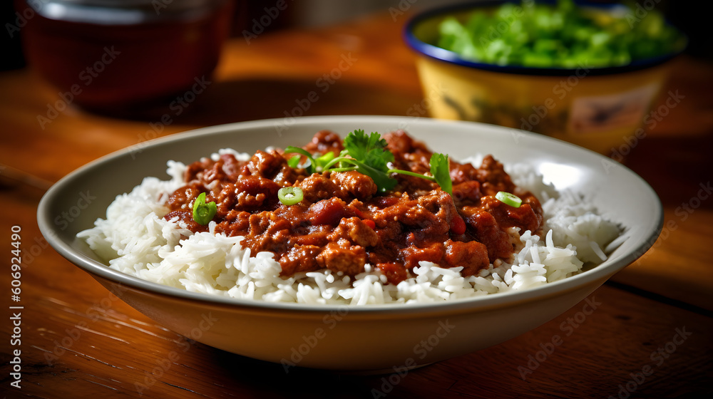 Chilli con carne with rice, homecooked dish, generative AI Chilli con carne with rice, homecooked dish, generative AI