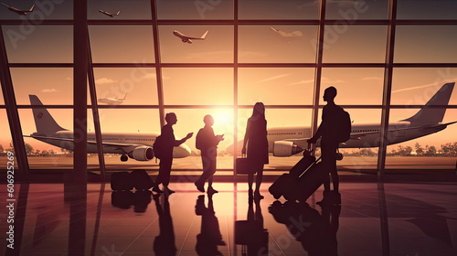 Family travelling with young child walking to departure gate   silhouette of people  travel concept