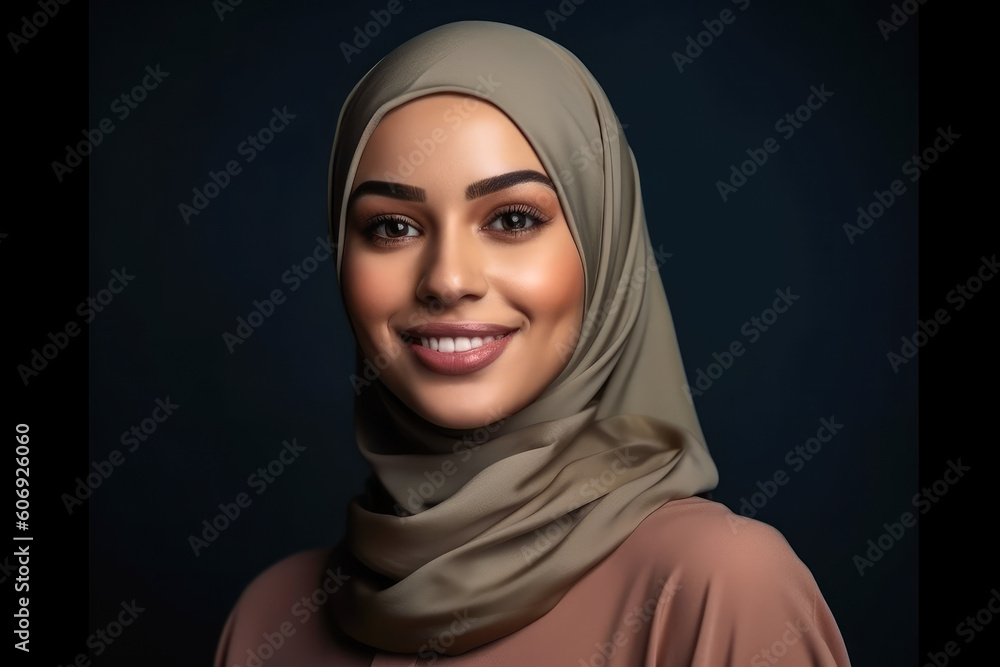 Portrait of smiling muslim woman with hijab on black background. Generative AI Portrait of smiling muslim woman with hijab on black background. Generative AI