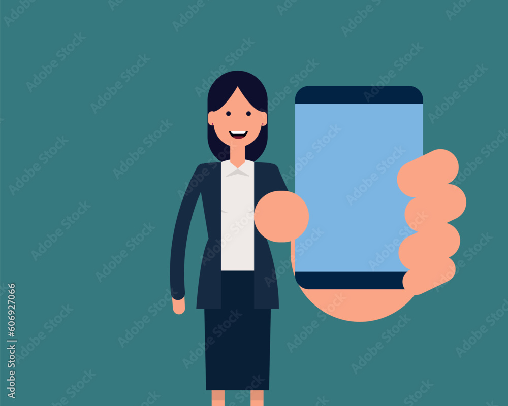 Woman showing smartphone. Vector illustration technology business concep Woman showing smartphone. Vector illustration technology business concep