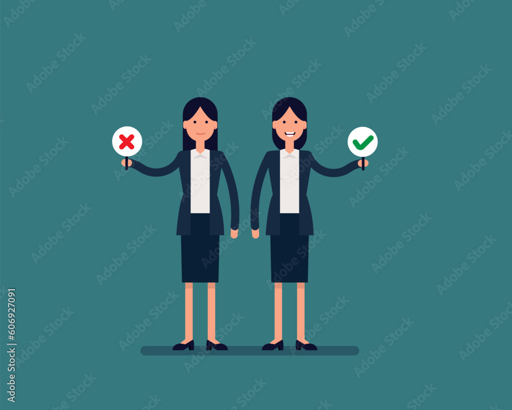 Business team showing approval and reject. Vector illustration placard Positive & negative signs business concept Business team showing approval and reject. Vector illustration placard Positive & negative signs business concept