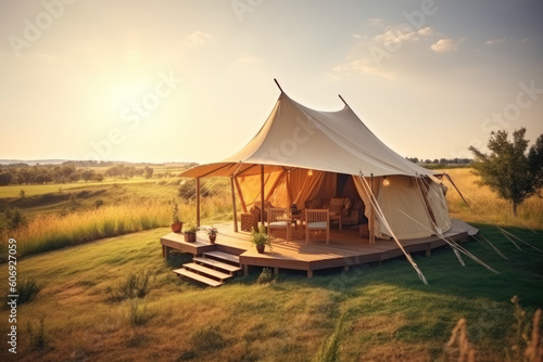 Glamping. luxury glamorous camping. Enjoying glamping in the beautiful countryside. Nobody, copyspace. Generative AI