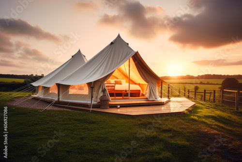 Glamping. luxury glamorous camping. Enjoying glamping in the beautiful countryside. Nobody, copyspace. Generative AI