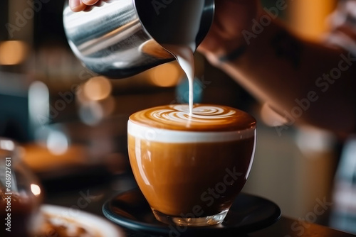 Barista making coffee in coffee shop, closeup of hands holding cup of coffee. Generative AI