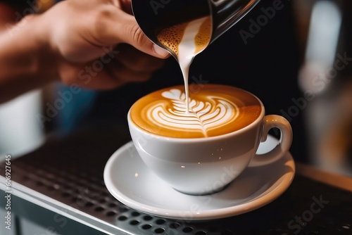 Barista making coffee in coffee shop, closeup of hands holding cup of coffee. Generative AI