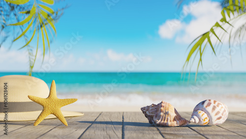 Summer beach sand and waves background with seashells on a wooden deck, 3d rendering
