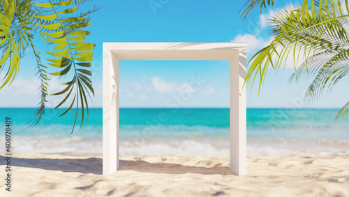 Fototapeta Naklejka Na Ścianę i Meble -  Summer beach sand and waves background with frame, 3d rendering