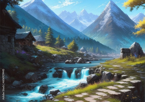 A Painting Of A Mountain Stream, Scenery Artwork, Scenery Art Detailed, Generated Ai