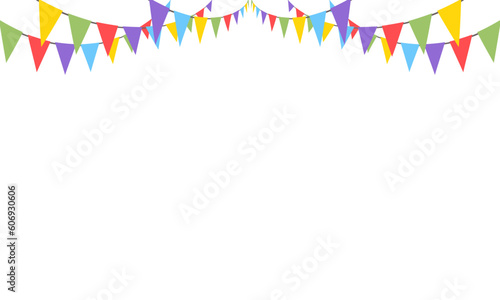 Celebrate hanging triangular garlands. Colorful perspective flags party isolated on white background. Birthday, Christmas, anniversary, and festival fair concept. Vector illustration.