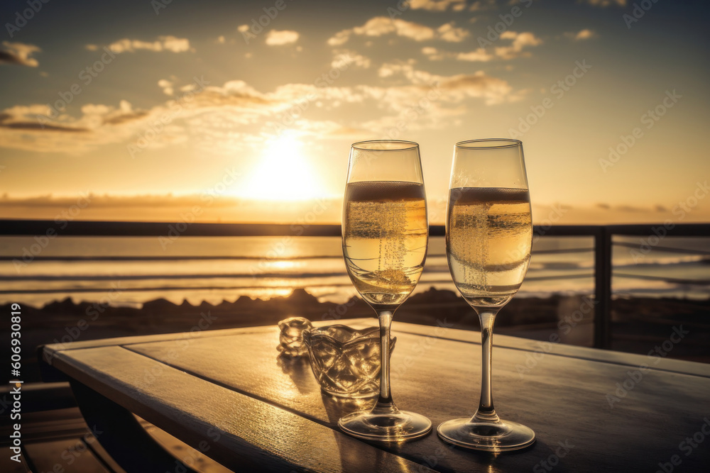 Savor the luxury and beauty of a golden sunset with champagne glasses and a sea view. AI Generative.