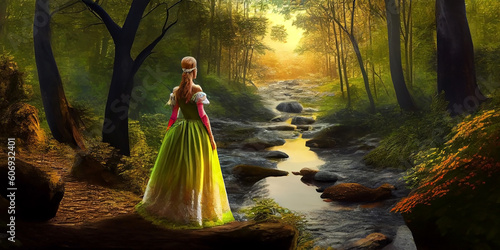 Fairytale princess stands on the bank of a forest stream, view from the back. Generative AI