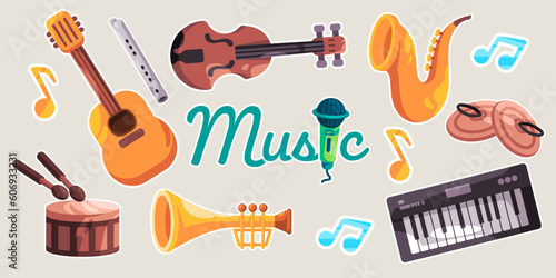 Music instrument collection set guitar drum saxophone keyboard trumpet hand cymbal violin and flute melody play music audio performance