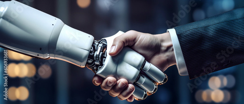 hand of AI modern AI robot shake hand with business man in big database servers room, Generative AI.