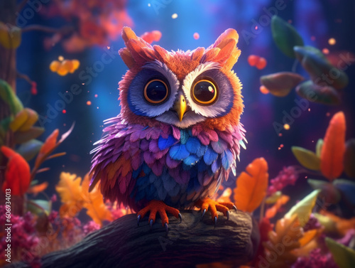 Owl in the forest with autumn leaves. Fairy tale animal. created with Generative AI technology © wang