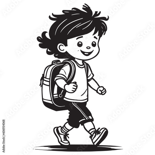 A Child Going to School Vector Clipart Illustration, Black and white silhouette child going to school.