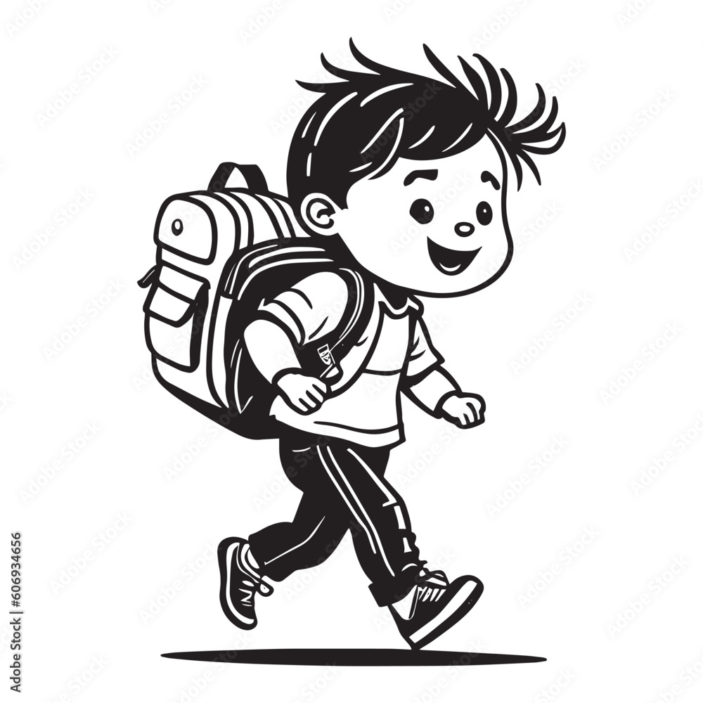 A Child Going to School Vector Clipart Illustration, Black and white silhouette child going to school. A Child Going to School Vector Clipart Illustration, Black and white silhouette child going to school.