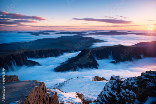 Stratus clouds spreading beyond the snowy mountains - AI Illustration