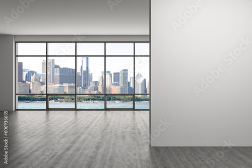 Downtown Chicago City Skyline Buildings Window background. Mock up copy space wall. Empty office room Interior Skyscrapers, View Lake Michigan waterfront. Cityscape. Day time. 3d rendering.