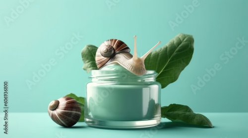 Cosmetic product with snail mucin in a glass jar, asian cosmetics, pastel blue background. Spa and relaxation concept, natural organic skin care cosmetics based on snail mucus Generative AI photo