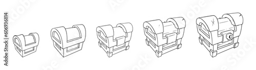 Treasure chests set. Chests with coins and gem stones, with game loot and treasures. Vector illustration isolated in white background