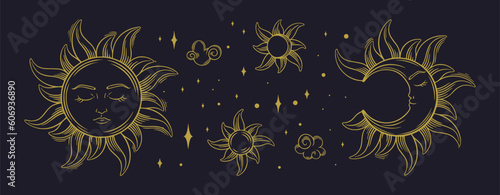 Aesthetic set with tarot, astrology and occultism symbols. Spiritual tarot elements of sun, crescent moon, stars and clouds. Vector illustration isolated in dark background