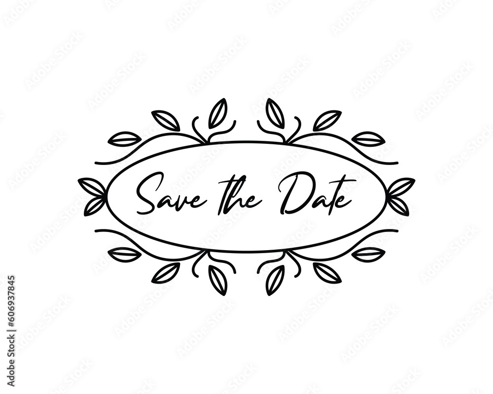 Save the date text with decorative floral frame