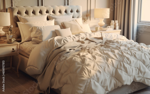 room with bed and pillows Warm and Inviting Ivory Bedroom with Plush Bedding and Cozy Textures , Generative AI 