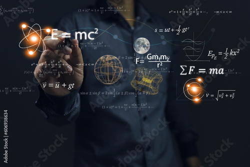 Scientists use a pen to write physics or mathematical equations to solve problems or to teach. Albert Einstein's equation energy mass speed of light Emc2. Newton's Law of Motion Force Fma.