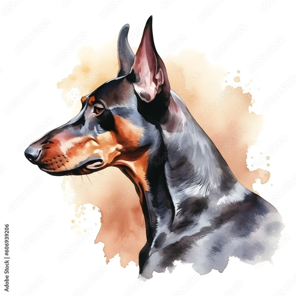 Watercolor side view of a proud Doberman created using generative AI