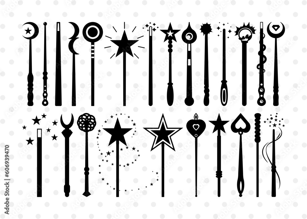 Magic Wand SVG, Wand Silhouette, Fairy Wand Svg, Wizards Wand Svg, Wand With Stars Svg, Magic Stick Svg, Wand Bundle - obrazy, fototapety, plakaty 