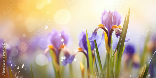 Iris flowers. Blooming irises in spring garden, blurred background. Beautiful floral background for greeting card for Mother's day, Birthday, Father day, Wedding. Generative ai illustration