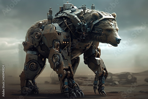 Image of bear robot armed futuristic. Wild animal. illustration, generative AI. © yod67