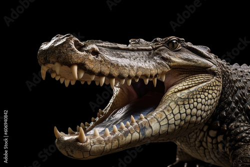 Image of a crocodile is opening its mouth on black background. Wildlife Animals. illustration. Generative AI.