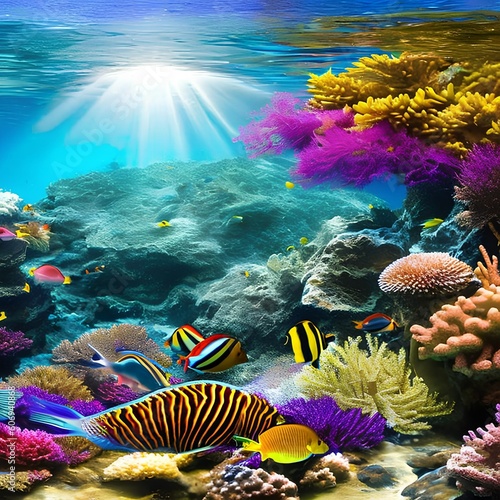 1511 Enchanted Underwater World: A magical and enchanting background featuring an underwater world with colorful coral reefs, marine life, and a mystical and ethereal ambiance3, Generative AI photo