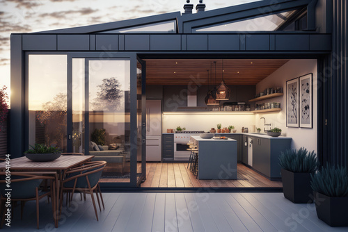 A rooftop patio and an open kitchen with sliding glass doors, generative AI