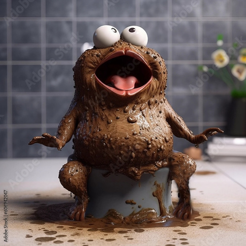 Poop Animation Style Seated Upon a Toilet Having a Bowel Movement Generative AI photo