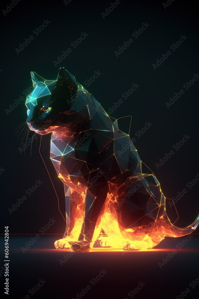 Cat made with polygons and fire made with Generative AI