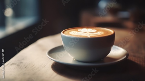 Hot latte coffee with latte art on wooden table. Generative AI