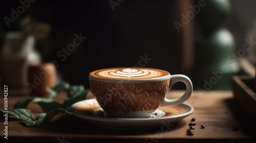 Hot latte coffee with latte art on wooden table. Generative AI