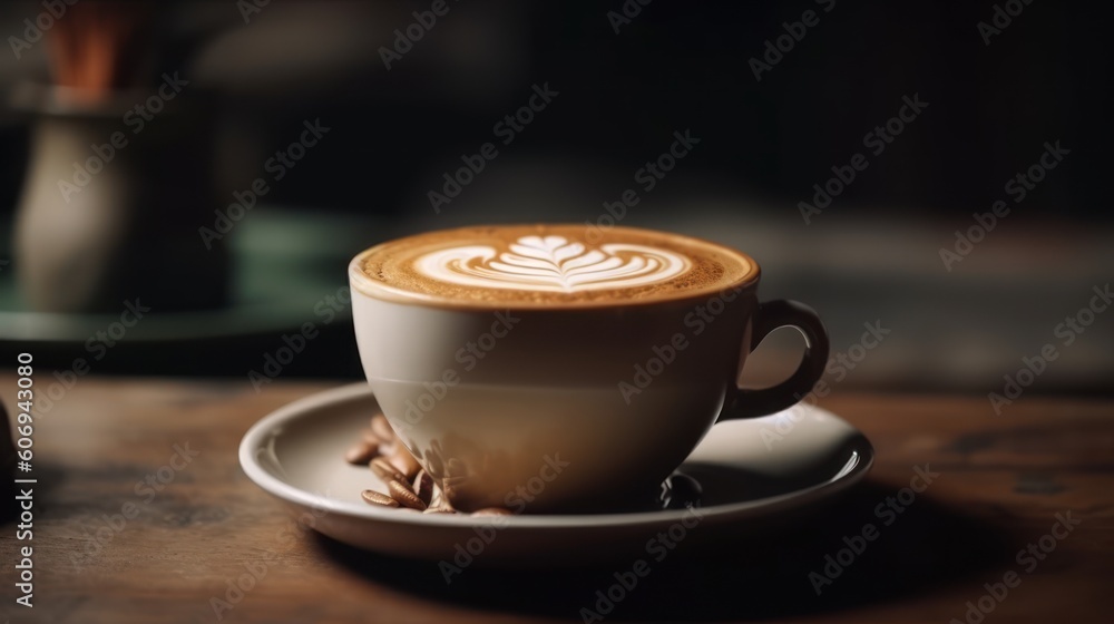 Hot latte coffee with latte art on wooden table. Generative AI Hot latte coffee with latte art on wooden table. Generative AI
