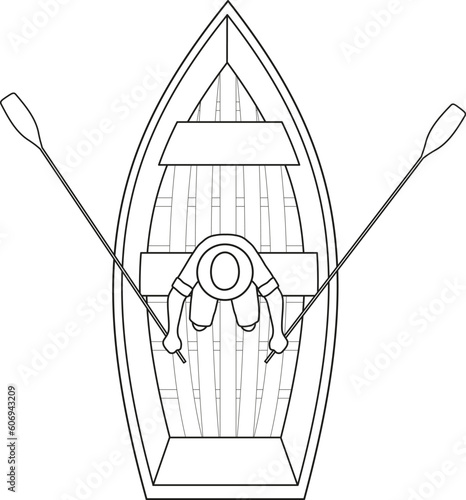 The man fisherman in the boat top view outline illustration isolated on white background.
