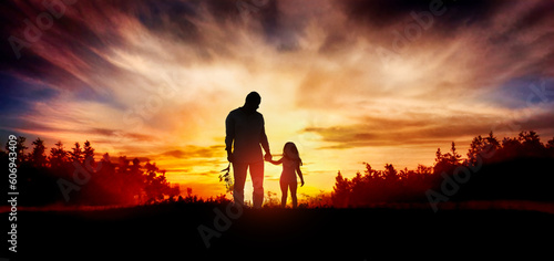 father with a flower in hand and daughter at sunset. Happy parenting and child care concept. Generative AI