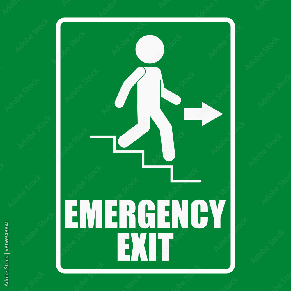 Printable design label sticker of white stick man walking or climbing down stair or ladder with with arrow emergency exit way in rectangle green background, for safety building sign Printable design label sticker of white stick man walking or climbing down stair or ladder with with arrow emergency exit way in rectangle green background, for safety building sign