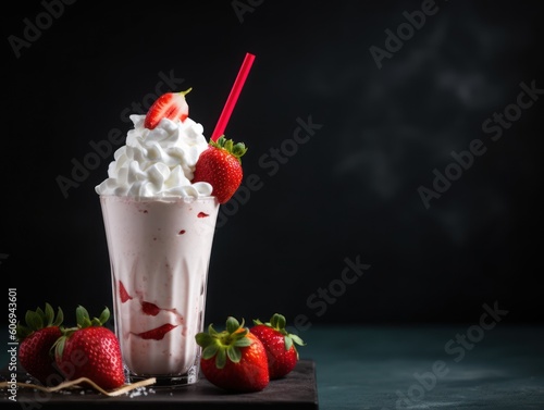 Glass with delicious strawberry milk shake. Generative AI