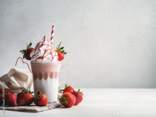 Glass with delicious strawberry milk shake. Generative AI