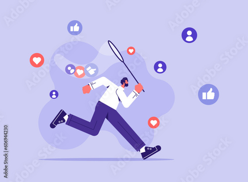 Catch likes concept. Man with net runs for positive reactions in social networks and instant messengers. Internet addiction, popular person, flat vector illustration