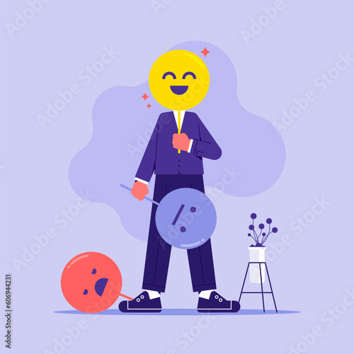 Businessman holding mask on his face to express emotion, concept of face expression, feeling, fake feeling, Facial Grimaces, editable emotion of human, flat vector illustration