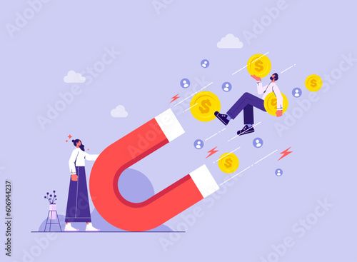Customer attraction marketing strategy, social media audience, generating new digital leads advertising concept, businesswoman  attract money cash and new customer with big magnet